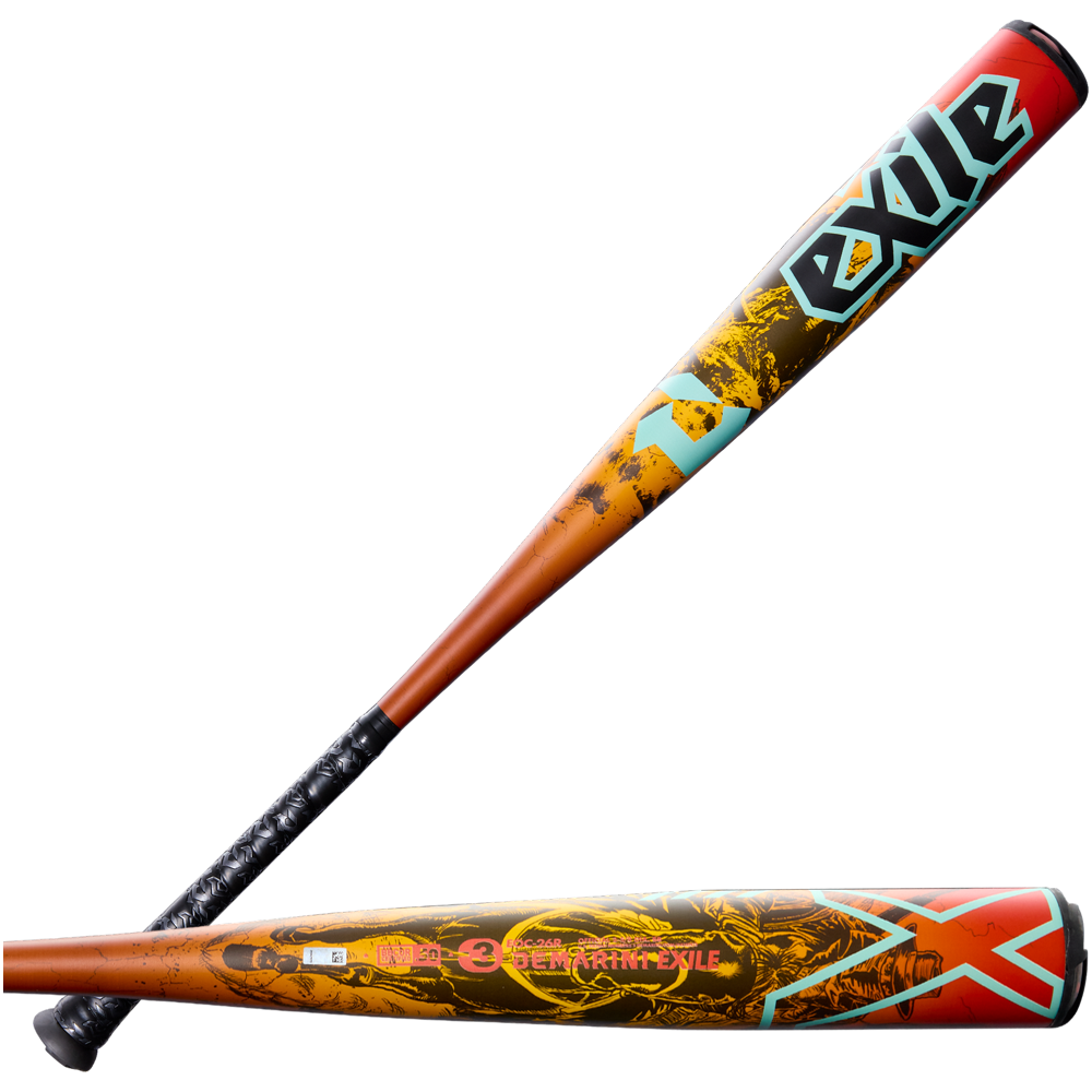 Two DeMarini 2026 Exile Rogue (-3) BBCOR bats with bold graphics. One features "exile" on the barrel; the other has orange, gold, red, and blue accents. Both have black handles and X14 Alloy Barrels for top performance.