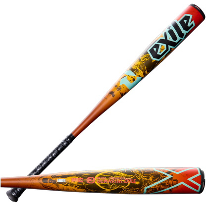 Two DeMarini 2026 Exile Rogue (-3) BBCOR bats with bold graphics. One features "exile" on the barrel; the other has orange, gold, red, and blue accents. Both have black handles and X14 Alloy Barrels for top performance.