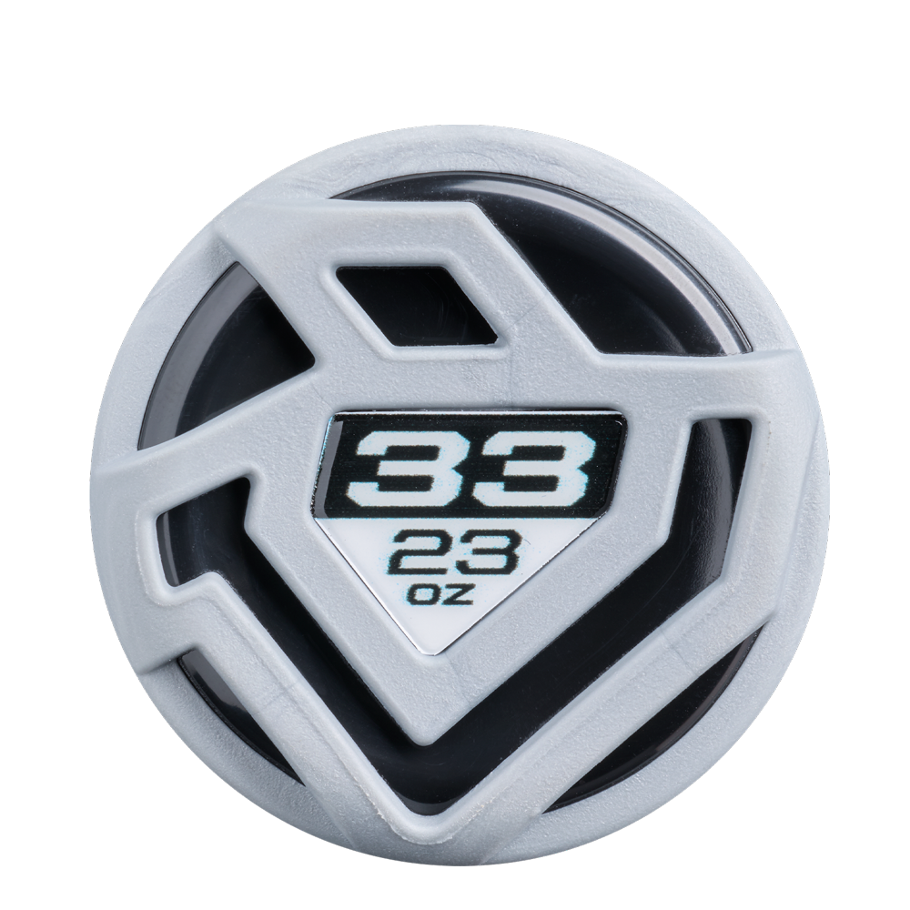 A close-up of the DeMarini 2026 Future (-10) Fastpitch Softball Bat (WBD2674010), a gray and black circular object with geometric design and 33/23 oz markings, inspired by its large sweet spot, shown on a white background.