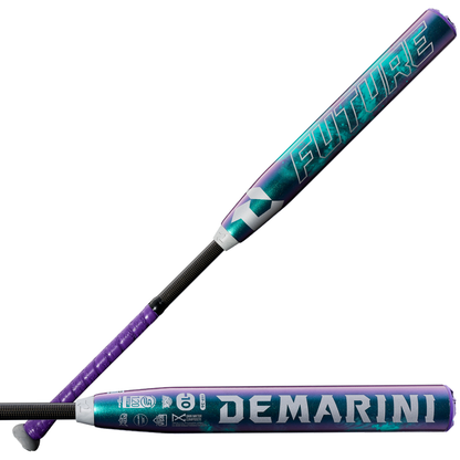 The 2026 DeMarini Future (-10) Fastpitch Softball Bat (WBD2674010) features a large sweet spot and comes in purple and blue.