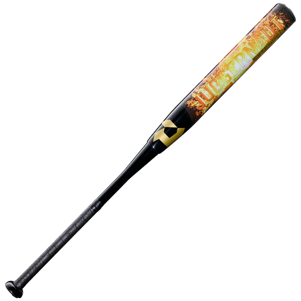 The 2027 DeMarini Juggy Extended 13" Endload USA Slowpitch Softball Bat (WBD2680010) features a black and yellow design, textured grip, bold JUGGERNAUT lettering, and a Stacked Composite Barrel for powerful hits.