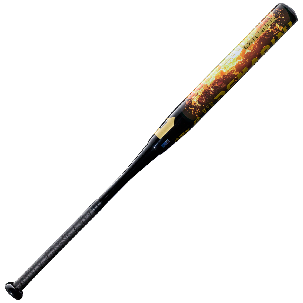 The 2027 DeMarini Juggy Extended 13" Endload USA Slowpitch Softball Bat (WBD2680010) features a black and yellow design with a textured handle and vibrant graphics on its Stacked Composite Barrel, shown against a plain white background.