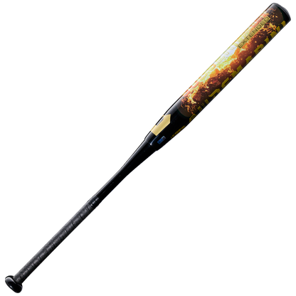 The 2027 DeMarini Juggy Extended 13" Endload USA Slowpitch Softball Bat (WBD2680010) features a black and yellow design with a textured handle and vibrant graphics on its Stacked Composite Barrel, shown against a plain white background.