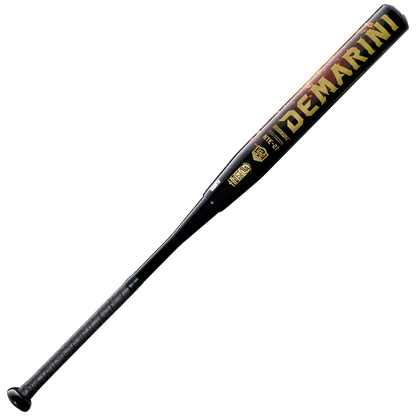 The 2027 DeMarini Juggy Extended 13" Endload USA Slowpitch Softball Bat (WBD2680010) features a Stacked Composite Barrel, black and gold design, bold yellow DeMarini branding, and a textured grip handle.