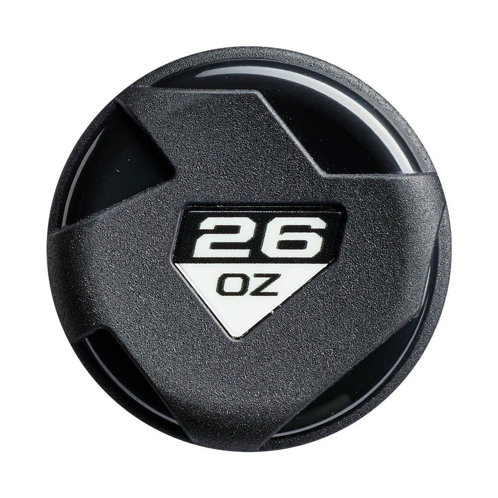 A black plastic lid with a geometric design inspired by the DeMarini Juggy Extended 13" Endload USA Slowpitch Softball Bat (WBD2680010), featuring "26 OZ" in bold white letters on a triangular center section.