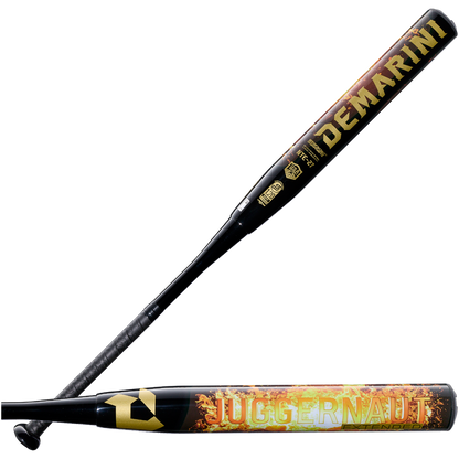Two black DeMarini Juggy Extended 13" Endload USA slowpitch softball bats (WBD2680010) feature yellow and orange graphics; one shows the DeMarini logo, the other displays Juggernaut with a fiery design and "Stacked Composite Barrel.