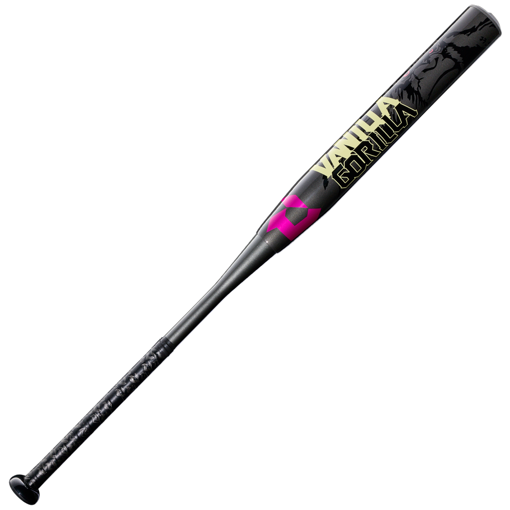 The 2027 DeMarini Jason Magnum Vanilla Gorilla 12.5" Endload NSA USSSA Softball Bat (WBD2681010) features a black barrel, pink grip, bold yellow text, and abstract gorilla graphic—crafted for power in the DeMarini slowpitch line.