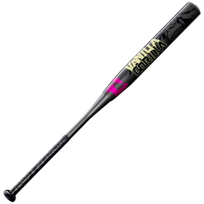 The 2027 DeMarini Jason Magnum Vanilla Gorilla 12.5" Endload NSA USSSA Softball Bat (WBD2681010) features a black barrel, pink grip, bold yellow text, and abstract gorilla graphic—crafted for power in the DeMarini slowpitch line.