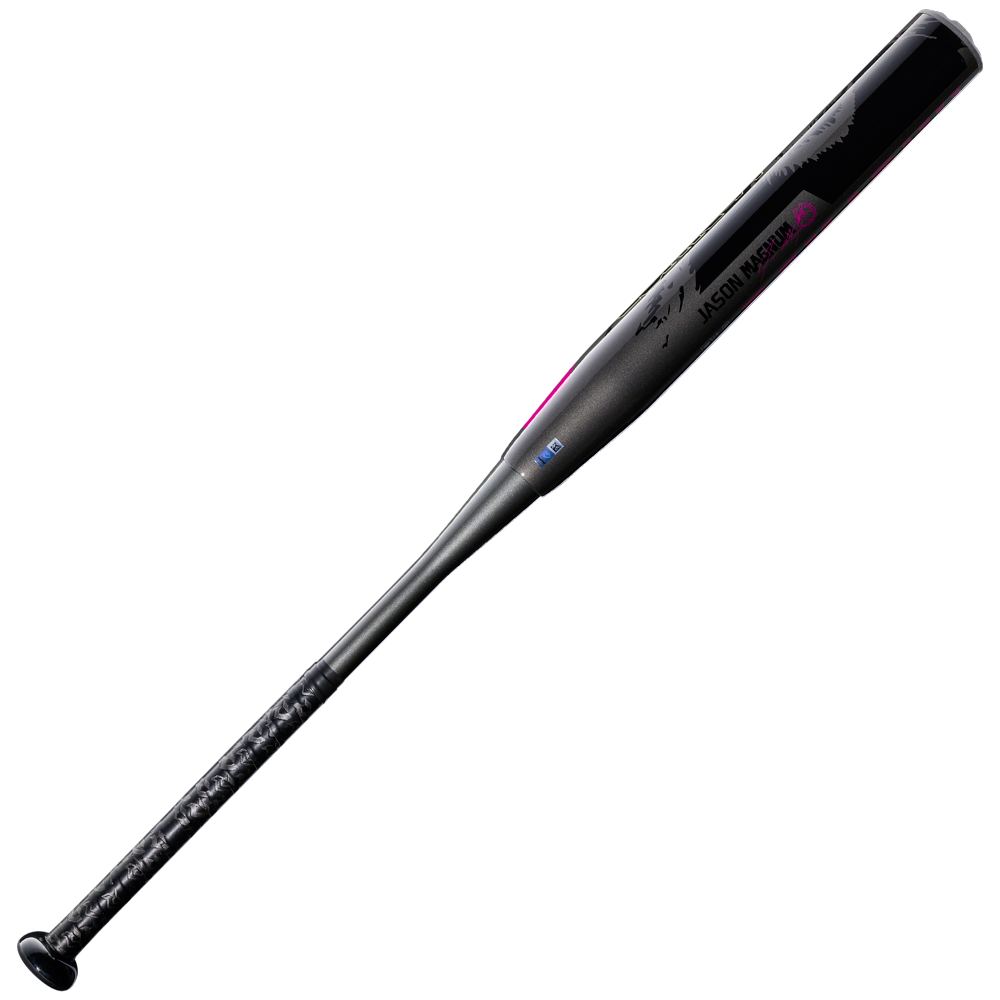 The DeMarini 2027 Jason Magnum Vanilla Gorilla 12.5" Endload NSA USSSA Slowpitch Softball Bat (WBD2681010) is shown in black with pink accents, white text, a shiny finish, and a signature near the barrel on a plain white background.