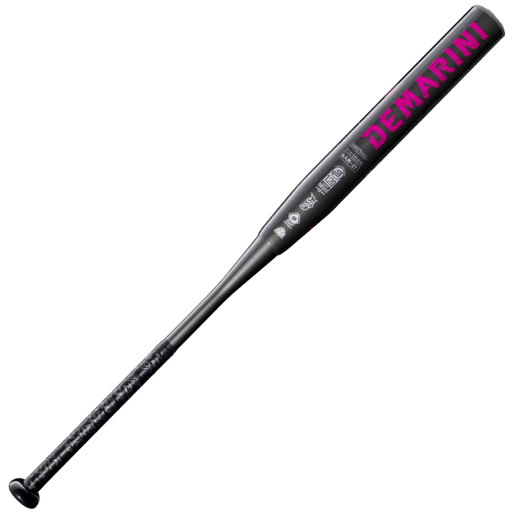 A black DeMarini 2027 Jason Magnum Vanilla Gorilla 12.5" Endload NSA USSSA Slowpitch Softball Bat (WBD2681010) with a textured handle and bold pink branding is shown against a plain white background.