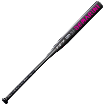 A black DeMarini 2027 Jason Magnum Vanilla Gorilla 12.5" Endload NSA USSSA Slowpitch Softball Bat (WBD2681010) with a textured handle and bold pink branding is shown against a plain white background.