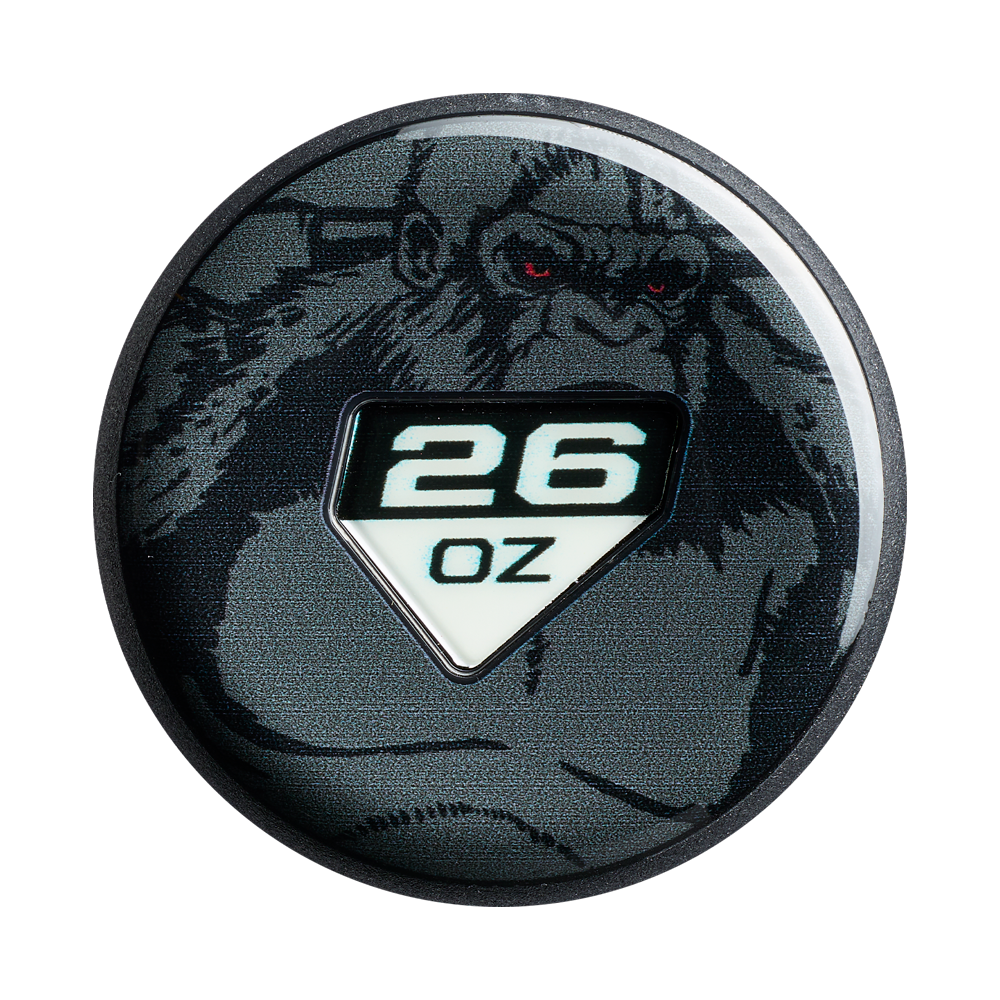 A round patch features a grayscale gorilla with glowing red eyes and a bold “26 OZ” on a white home plate—an ideal tribute to DeMarini’s 2027 Jason Magnum Vanilla Gorilla 12.5" Endload NSA USSSA Softball Bat (WBD2681010) for slowpitch fans.