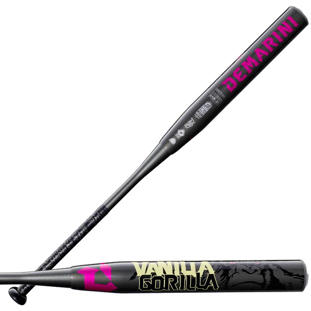 Two black bats are shown: the DeMarini Jason Magnum Vanilla Gorilla 12.5" Endload NSA USSSA Slowpitch Softball Bat (WBD2681010), featuring yellow accents and a gorilla graphic, boldly representing the DeMarini brand.