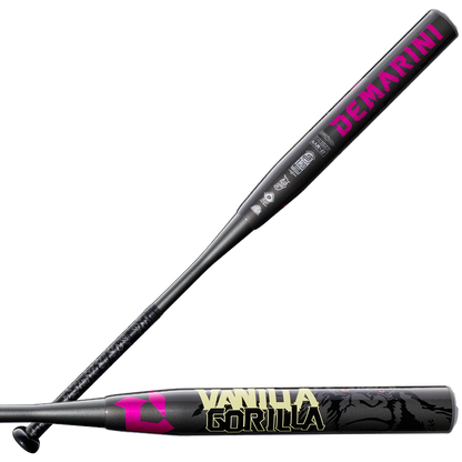 Two black bats are shown: the DeMarini Jason Magnum Vanilla Gorilla 12.5" Endload NSA USSSA Slowpitch Softball Bat (WBD2681010), featuring yellow accents and a gorilla graphic, boldly representing the DeMarini brand.