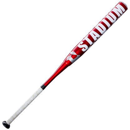 The 2027 DeMarini Stadium 13" Endload NSA USSSA Slowpitch Softball Bat (WBD2682010) features a red and silver design, white grip, and bold STADIUM lettering—an ideal choice for your next USSSA slowpitch game.
