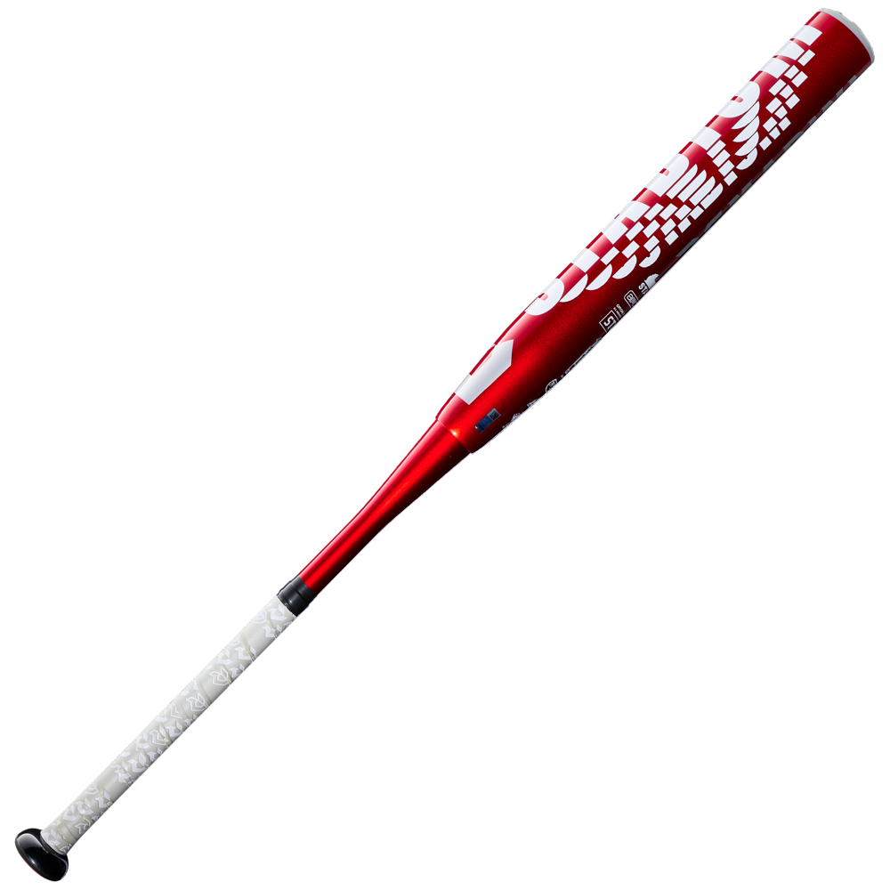 A DeMarini 2027 Stadium 13" Endload NSA USSSA Slowpitch Softball Bat (WBD2682010), featuring a red composite barrel with white text and graphics, white grip, and black knob, displayed on a plain white background.