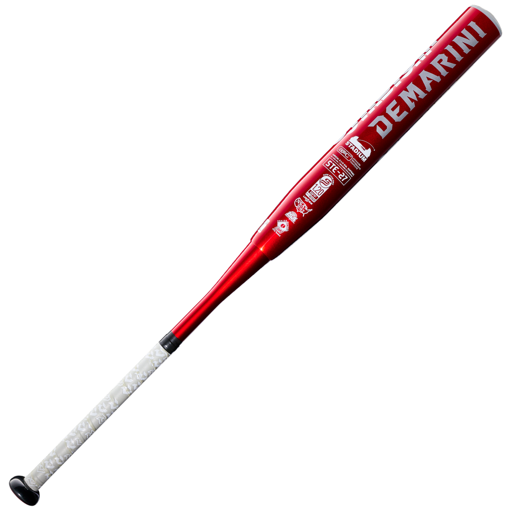 The 2027 DeMarini Stadium 13" Endload NSA USSSA Slowpitch Softball Bat (WBD2682010) features a red composite barrel and white grip tape on the handle, shown on a white background.