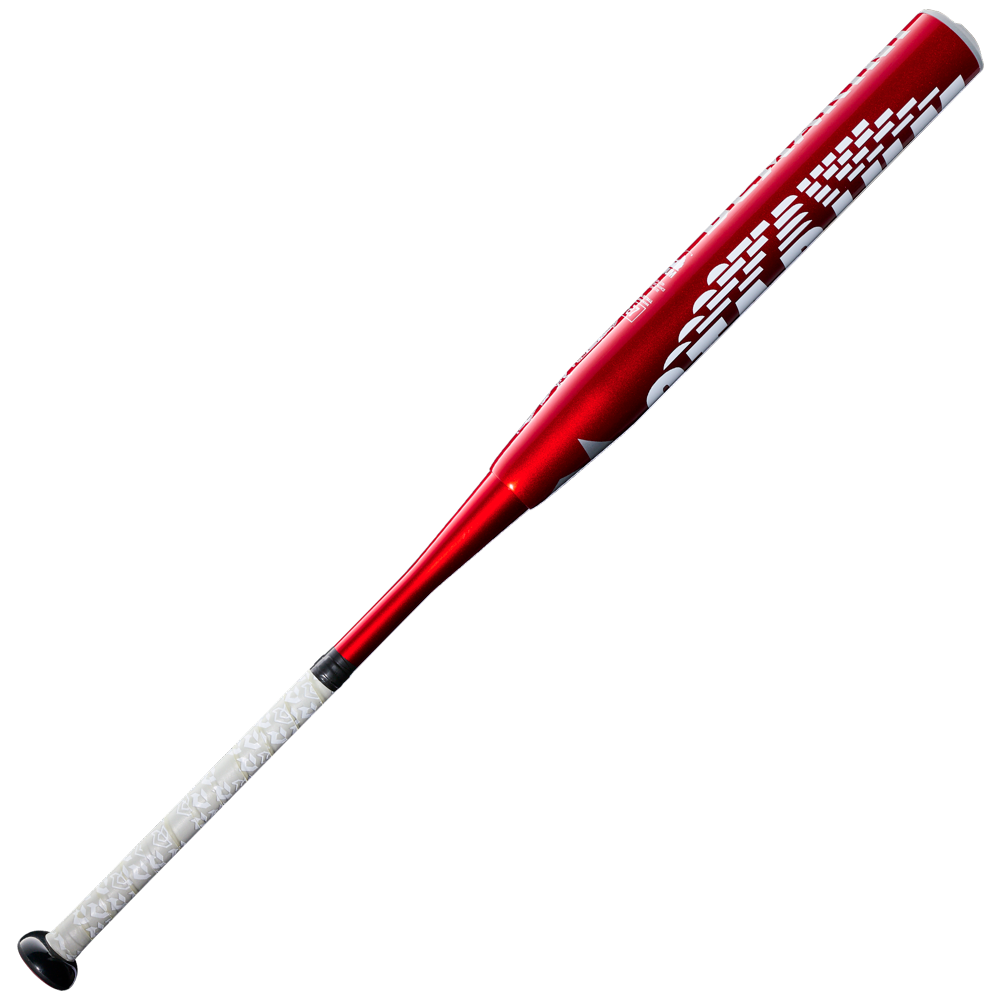 A red 2027 DeMarini Stadium 13" Endload NSA USSSA Slowpitch Softball Bat (WBD2682010) with a composite barrel, white grip, black knob, and bold white graphics is displayed on a plain light background.