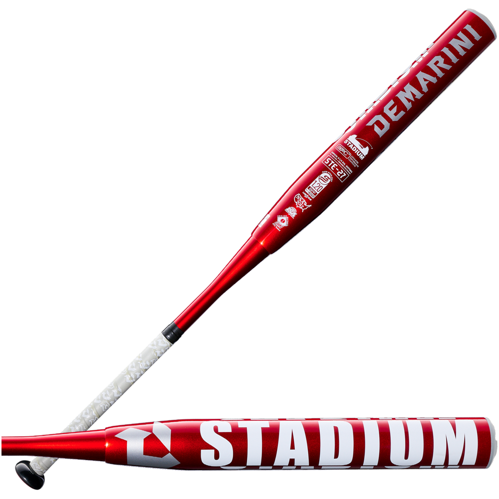 Two views of the red 2027 DeMarini Stadium 13" Endload NSA USSSA Slowpitch Softball Bat (WBD2682010) with white grip tape, featuring prominent STADIUM and DeMARINI branding on its composite barrel.