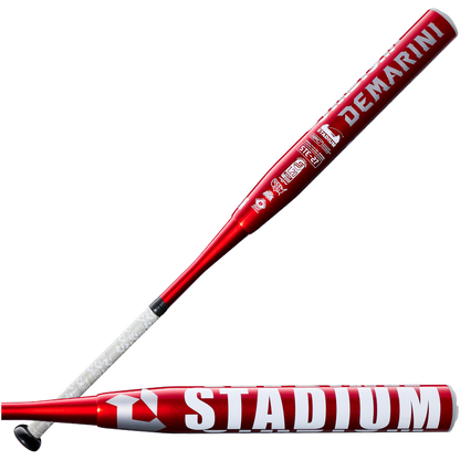 Two views of the red 2027 DeMarini Stadium 13" Endload NSA USSSA Slowpitch Softball Bat (WBD2682010) with white grip tape, featuring prominent STADIUM and DeMARINI branding on its composite barrel.
