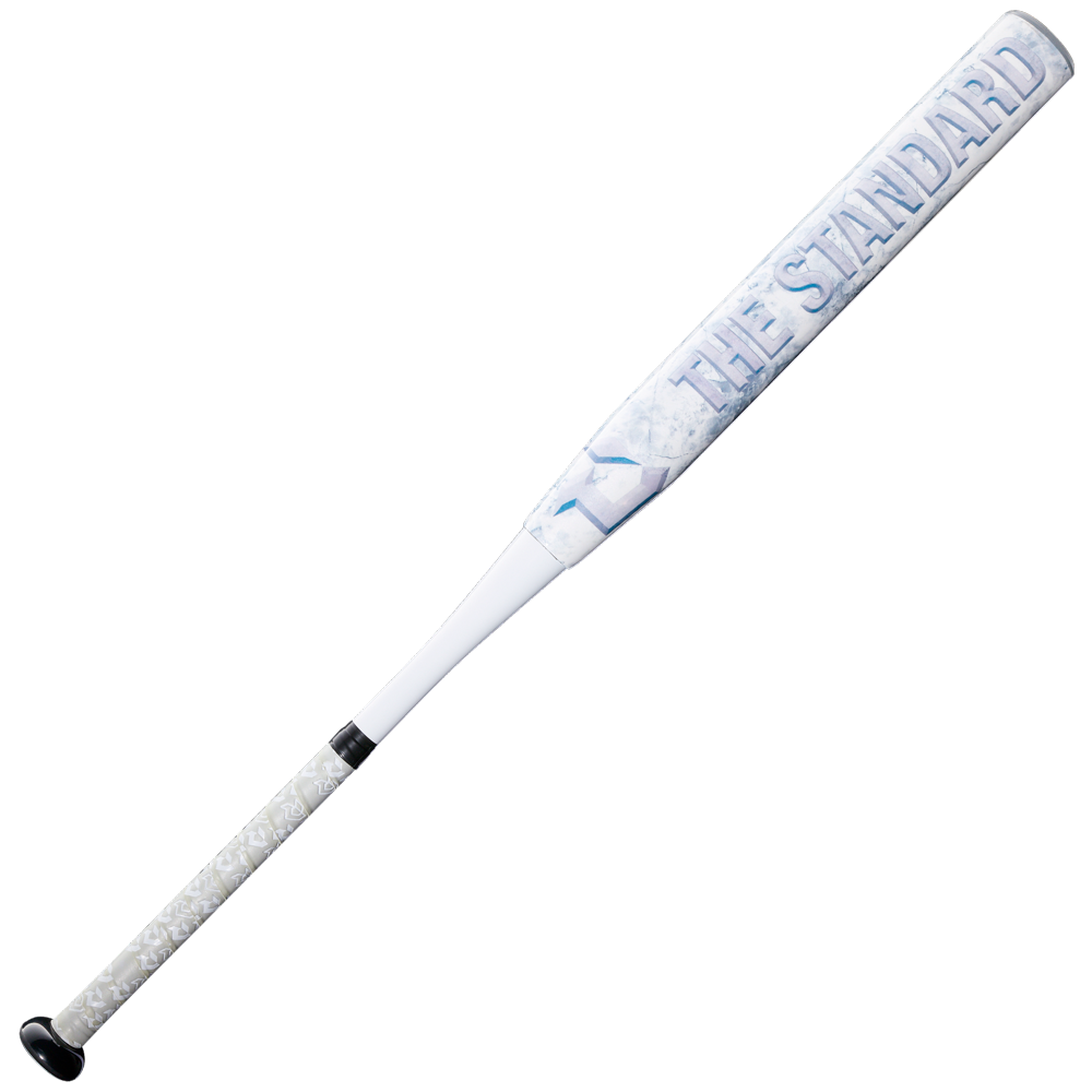 The 2027 DeMarini The Standard 13.5" Endload NSA USSSA bat (WBD2683010) is a white slowpitch softball bat with a patterned grip, ZnX Alloy Handle, and THE STANDARD printed in large letters on the barrel.