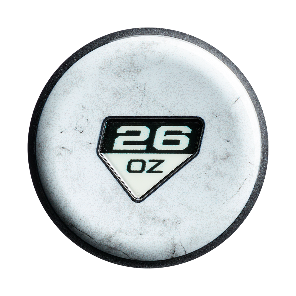 A round, white object with a black border features a home plate shape and bold "26 OZ," inspired by the Advanced Performance Composite Barrel of the 2027 DeMarini The Standard 13.5" Endload Slowpitch Bat, with subtle gray marbling on its surface.