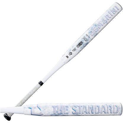 Two angles of the 2027 DeMarini The Standard 13.5" Endload NSA USSSA Slowpitch Softball Bat (WBD2683010) show a white barrel with "DeMarini" and "THE STANDARD" in bold blue, plus a speckled gray ZnX Alloy Handle.