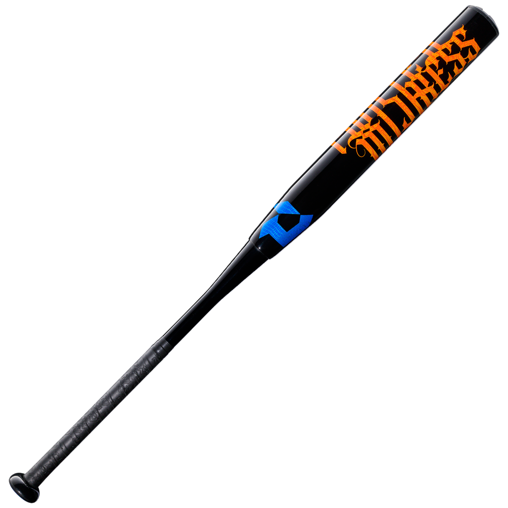 The DeMarini 2027 Jeremy Yates Twisted Mistress 13" Endload NSA USSSA bat features a black Advanced Performance Composite Barrel with bold orange "MAYHEM" lettering, blue barrel accents, and a textured handle, shown on a white background.
