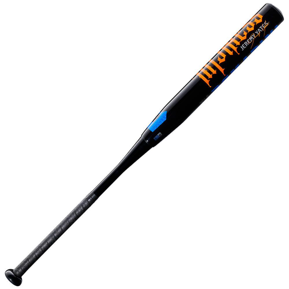 A black DeMarini 2027 Jeremy Yates Twisted Mistress 13" Endload NSA USSSA slowpitch softball bat (WBD2684010) with a textured grip and orange branding on the composite barrel, displayed against a plain white background.