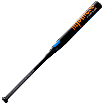 A black DeMarini 2027 Jeremy Yates Twisted Mistress 13" Endload NSA USSSA slowpitch softball bat (WBD2684010) with a textured grip and orange branding on the composite barrel, displayed against a plain white background.