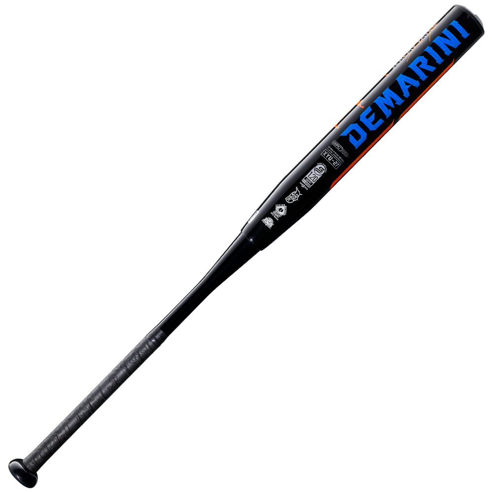 The 2027 DeMarini Jeremy Yates Twisted Mistress 13" Endload NSA USSSA Slowpitch Softball Bat (WBD2684010) features a black design with blue and orange accents, DeMarini branding on the Advanced Performance Composite Barrel, and a textured dark gray grip.