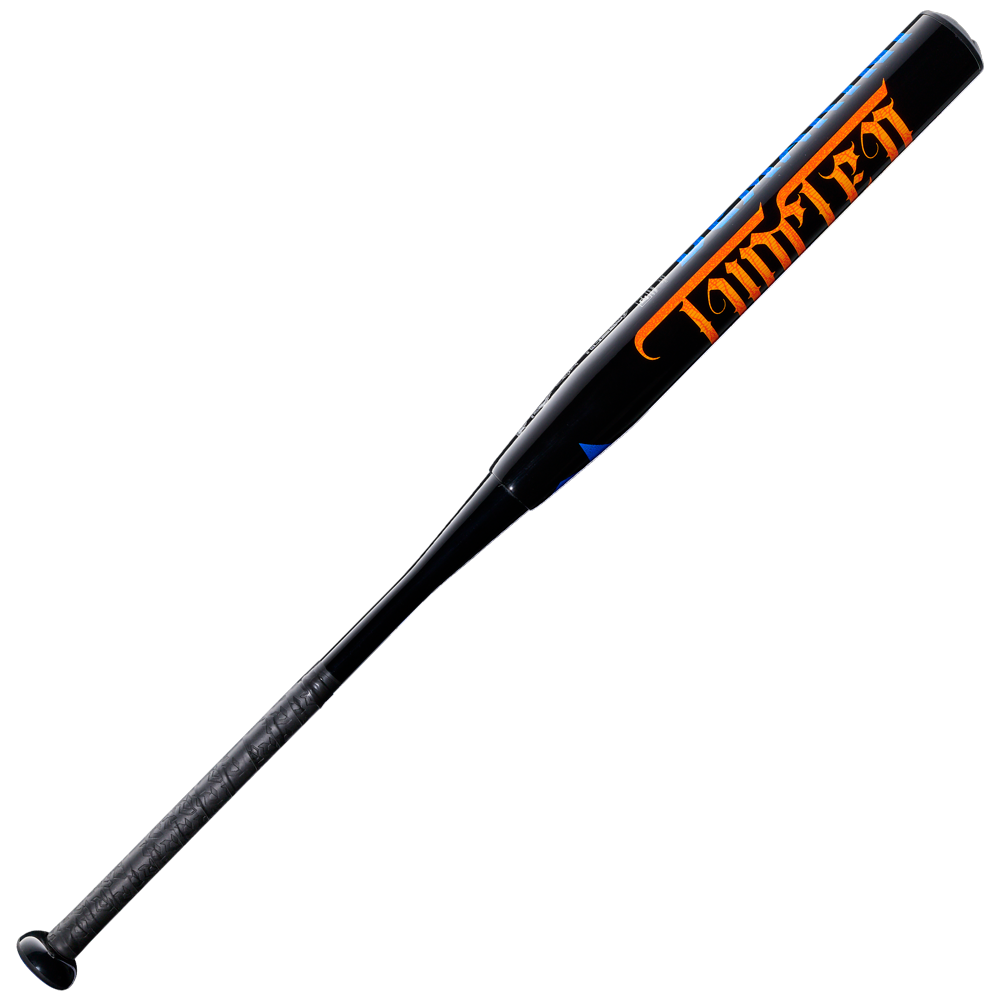 The DeMarini 2027 Jeremy Yates Twisted Mistress 13" Endload NSA USSSA Slowpitch Bat (WBD2684010) in black features a textured grip, bold orange "LoudFren" on the barrel, and an Advanced Performance Composite Barrel, shown on a white background.