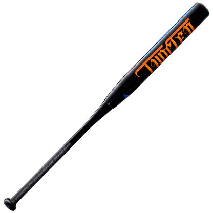 The DeMarini 2027 Jeremy Yates Twisted Mistress 13" Endload NSA USSSA Slowpitch Bat (WBD2684010) in black features a textured grip, bold orange "LoudFren" on the barrel, and an Advanced Performance Composite Barrel, shown on a white background.