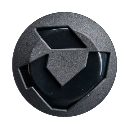 A black, round object with geometric patterns and a glossy center resembles the end cap of the DeMarini 2027 Jeremy Yates Twisted Mistress 13" Endload NSA USSSA Slowpitch Softball Bat (WBD2684010), viewed from above on a white background.