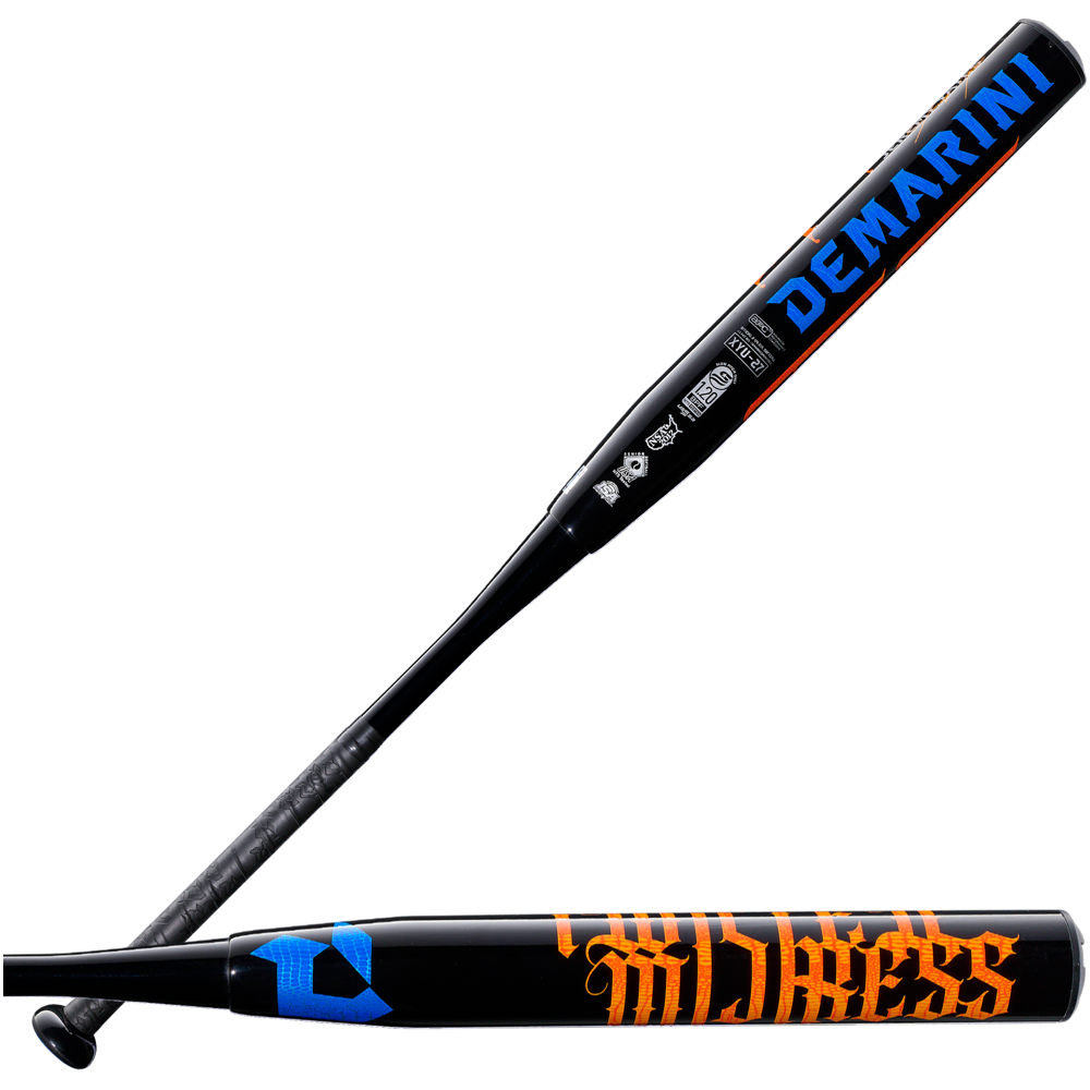 Two black DeMarini 2027 Twisted Mistress slowpitch bats are shown, one with “DeMARINI” in blue, the other with “WHISKEY” in orange and a blue logo by the handle. Both feature the USSSA stamp.