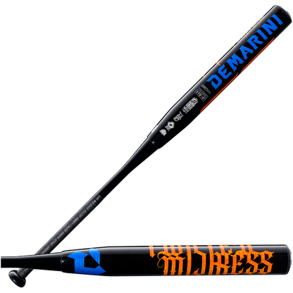 Two black DeMarini 2027 Twisted Mistress slowpitch bats are shown, one with “DeMARINI” in blue, the other with “WHISKEY” in orange and a blue logo by the handle. Both feature the USSSA stamp.