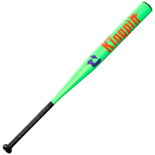 The 2027 DeMarini Kingpin 13.5" Midload SSUSA Senior Slowpitch Softball Bat (WBD2693010) features lime green color, a black handle, bold orange lettering, and a purple geometric barrel design.