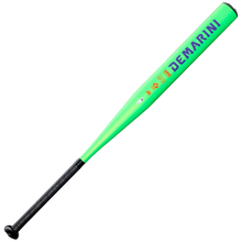A neon green 2027 DeMarini Kingpin 13.5" Midload SSUSA Senior Slowpitch Softball Bat (WBD2693010) with a black handle and "DeMARINI" written in blue on the barrel.