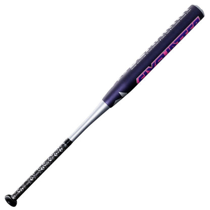 The DeMarini 2027 Flyswatter 13" Midload SSUSA Senior Slowpitch Softball Bat (WBD2694010) features a purple and silver design with a textured black grip and pink lettering on its composite barrel, displayed against a white background.