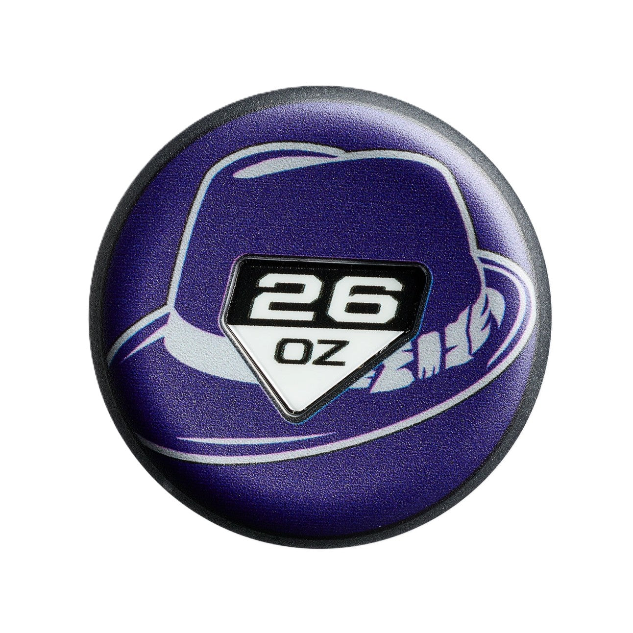 A round pin with a stylized purple fedora, white band and feather, plus a black and white shield marked 26 OZ—ideal for fans of the DeMarini Flyswatter 13" Midload SSUSA Senior Slowpitch Bat (WBD2694010).