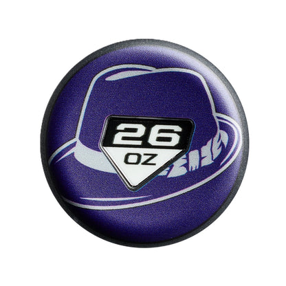 A round pin with a stylized purple fedora, white band and feather, plus a black and white shield marked 26 OZ—ideal for fans of the DeMarini Flyswatter 13" Midload SSUSA Senior Slowpitch Bat (WBD2694010).