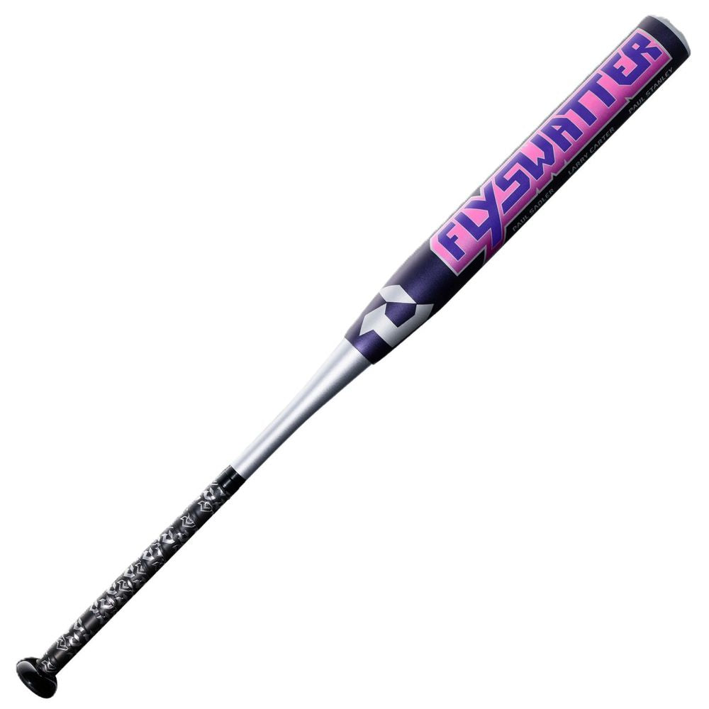 The 2027 DeMarini Flyswatter 13" Midload SSUSA Senior Slowpitch Softball Bat (WBD2694010) features a black and silver design, patterned black grip, and "FLYSWATTER" in bold purple and pink letters on its composite barrel.