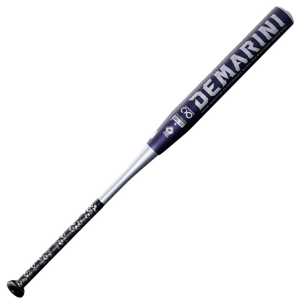 The 2027 DeMarini Flyswatter 13" Midload SSUSA Senior Slowpitch Softball Bat (WBD2694010) features a black and silver handle with a textured grip and a dark composite barrel displaying the DEMARINI name in bold white letters.