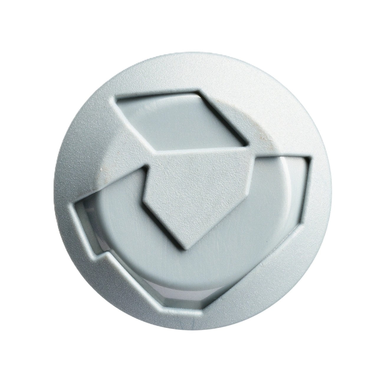 A round, light gray plastic object with angular indents resembling arrows—evocative of the DeMarini Flyswatter 13" Midload SSUSA Senior Slowpitch Softball Bat (WBD2694010) by DeMarini—is photographed on a white background.