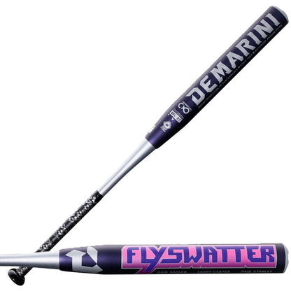 Two views of the 2027 DeMarini Flyswatter 13" Midload SSUSA Senior Slowpitch Softball Bat (WBD2694010) show the DeMarini brand name on one side and "FLYSWATTER" in bold pink letters with signatures below on the other.