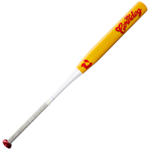 Introducing the DeMarini Corndog Wood Composite All Association Slowpitch Softball Bat (WBD2699010): this eye-catching yellow bat features “Corndog” in bold red lettering on the Pro Maple barrel, paired with a white handle wrapped in gray grip tape and finished off with a striking red knob—perfect for your next slowpitch softball game.