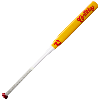 Introducing the DeMarini Corndog Wood Composite All Association Slowpitch Softball Bat (WBD2699010): this eye-catching yellow bat features “Corndog” in bold red lettering on the Pro Maple barrel, paired with a white handle wrapped in gray grip tape and finished off with a striking red knob—perfect for your next slowpitch softball game.