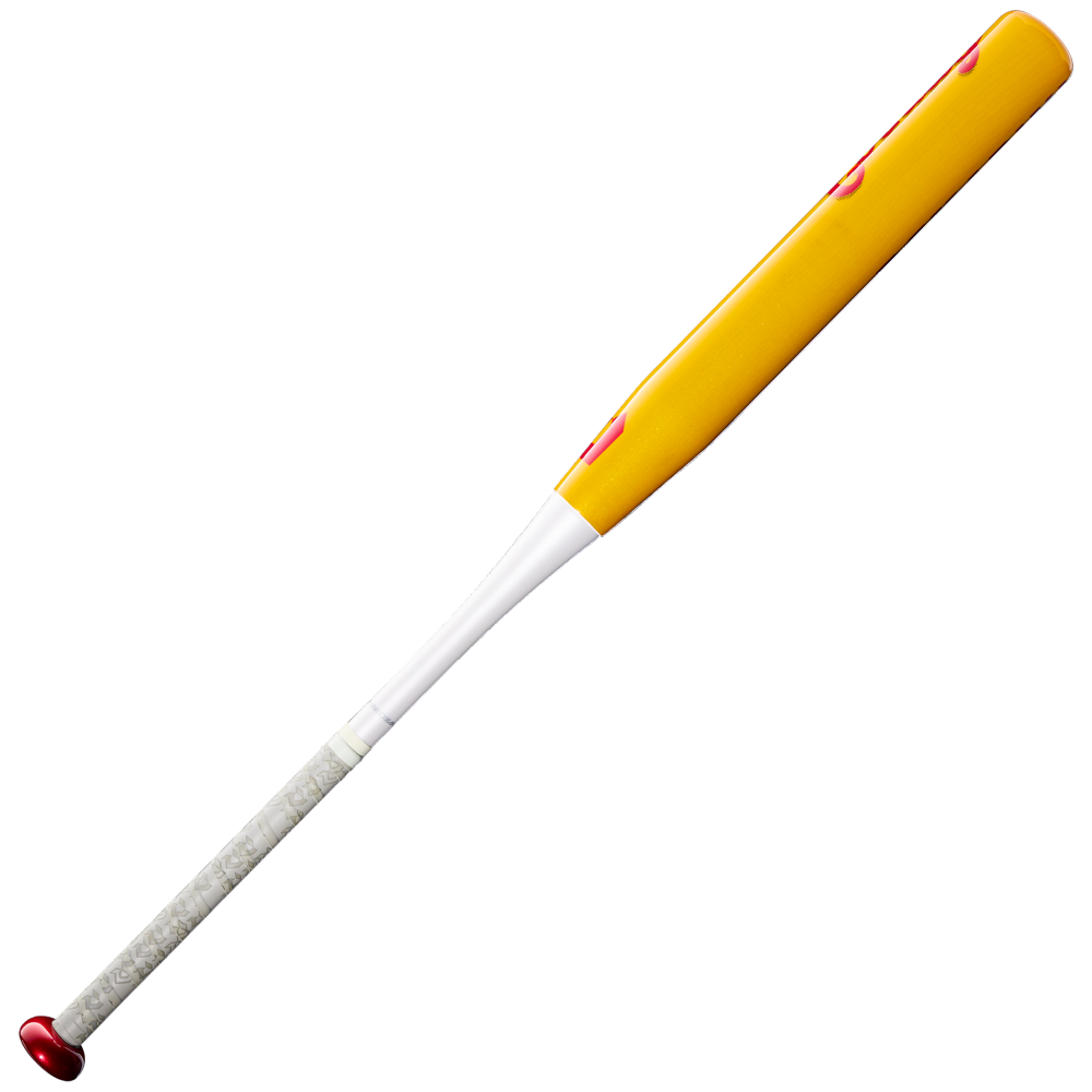The DeMarini Corndog Wood Composite All Association Slowpitch Softball Bat (WBD2699010) by DeMarini is displayed on a white background, showcasing its yellow barrel with a Pro Maple design, red end cap, white grip area, and gray textured handle wrapped with tape.