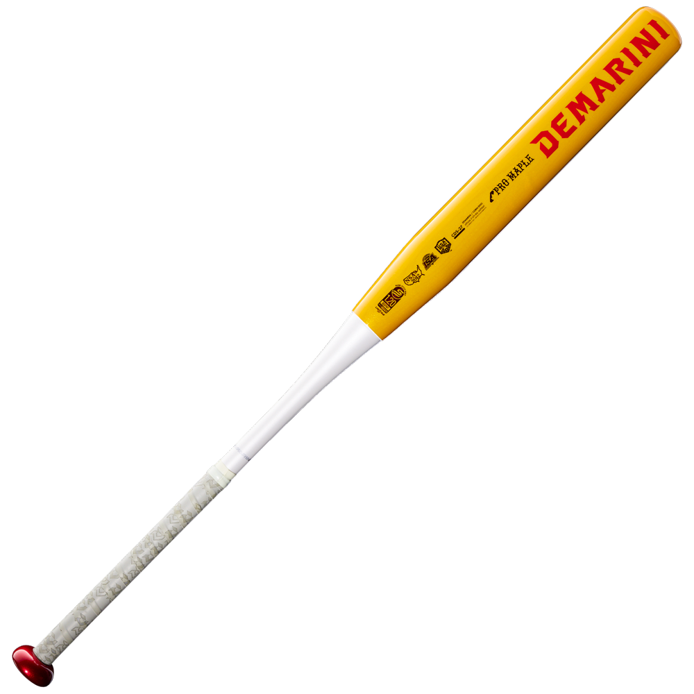 The DeMarini Corndog Wood Composite All Association Slowpitch Softball Bat (WBD2699010) is displayed against a plain white background, showcasing its yellow and white design with red text, a red end cap, a grey grip, and a Pro Maple barrel.