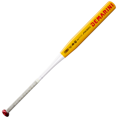 The DeMarini Corndog Wood Composite All Association Slowpitch Softball Bat (WBD2699010) is displayed against a plain white background, showcasing its yellow and white design with red text, a red end cap, a grey grip, and a Pro Maple barrel.